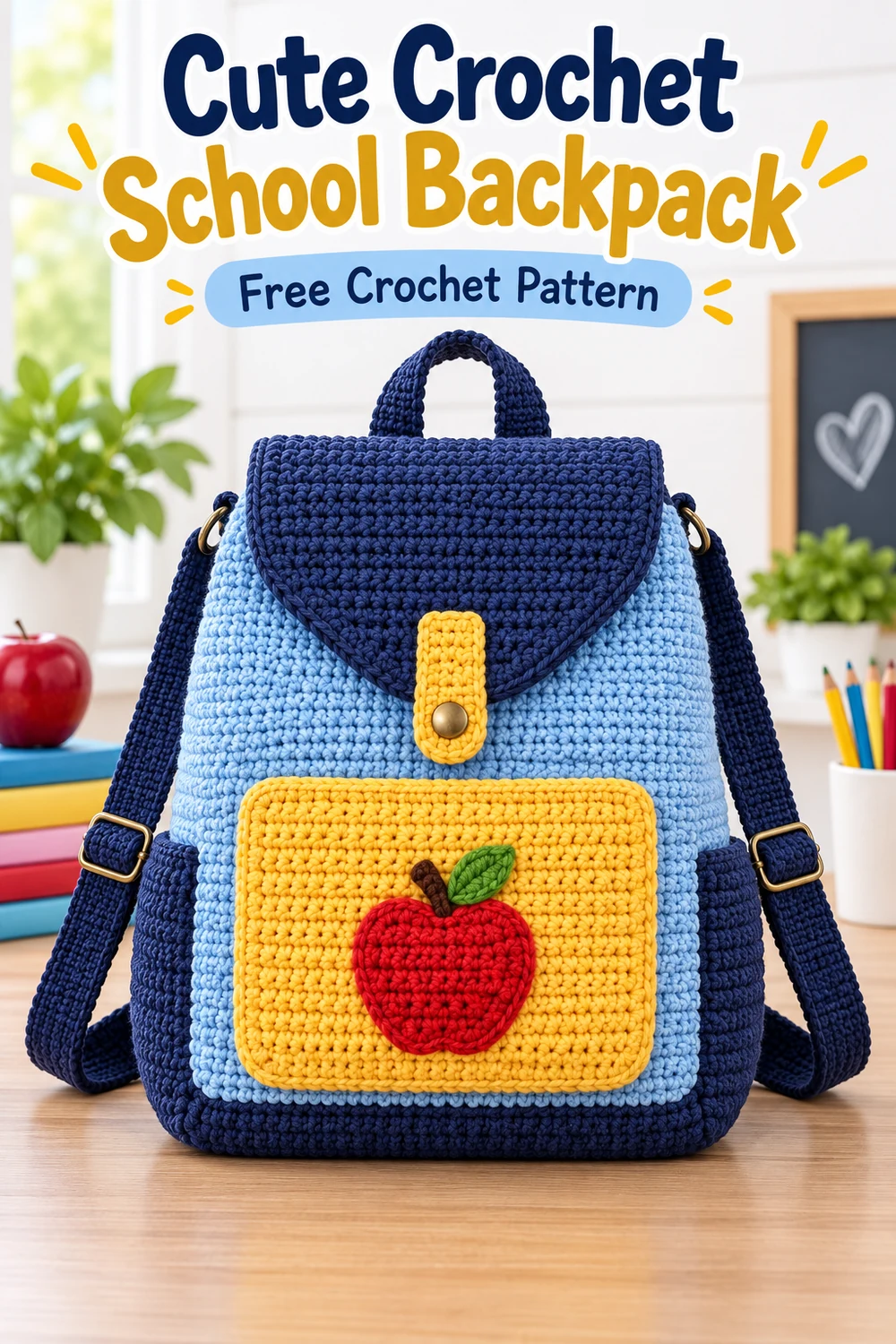 Vertical Pinterest graphic for the Cute Crochet School Backpack free crochet pattern