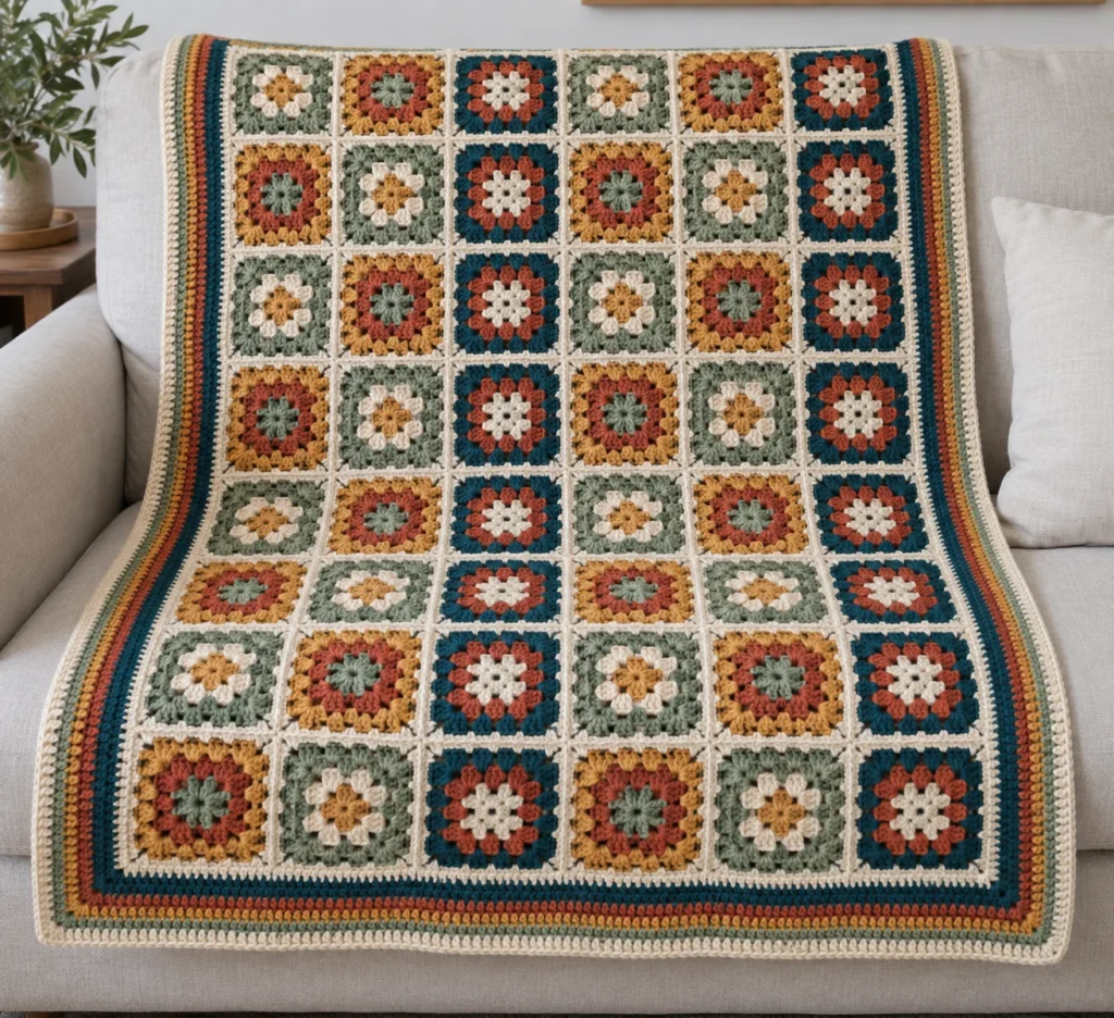 Finished easy crochet granny square blanket with cream lattice seams and a striped border