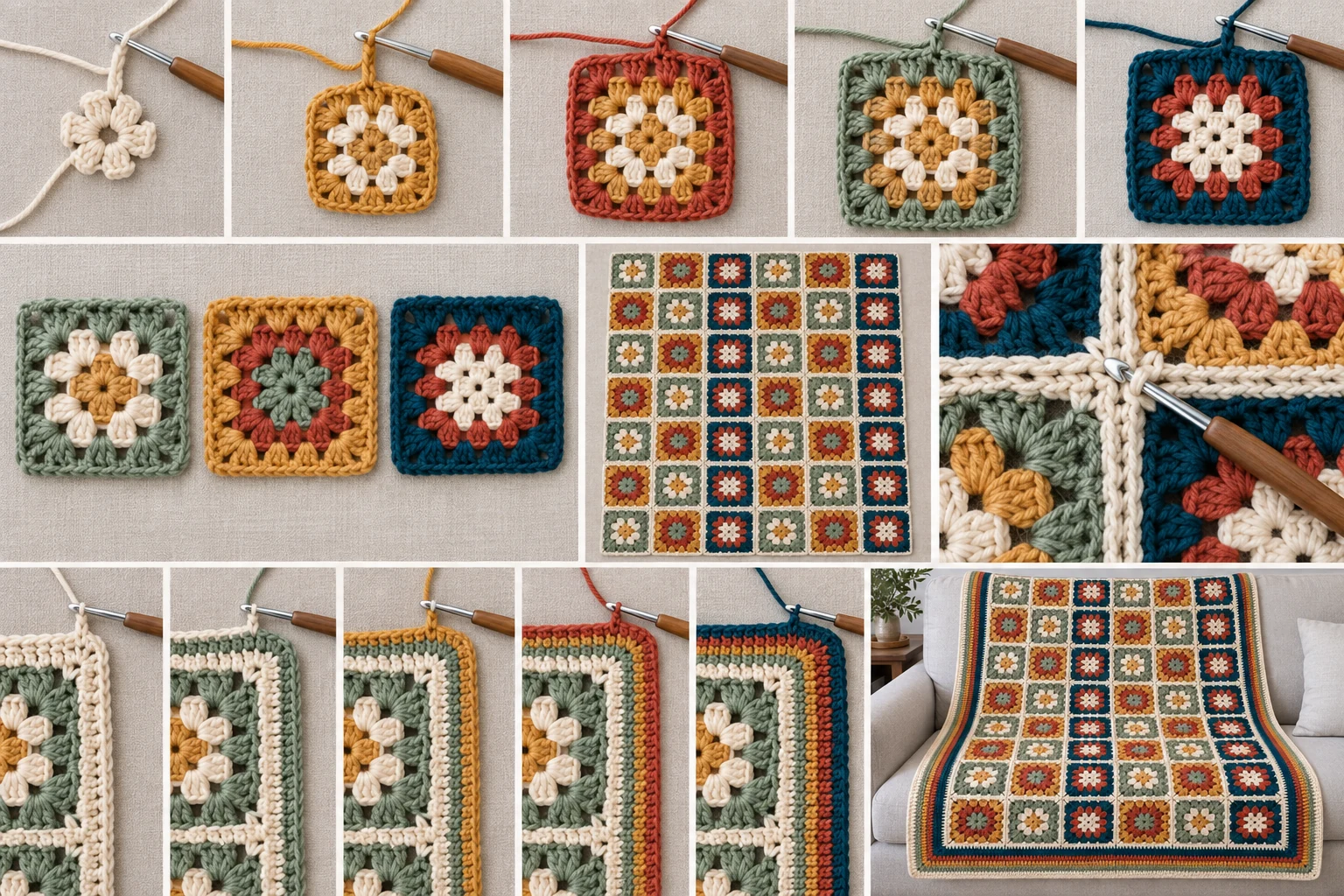 Construction steps for five-round granny squares, flat-slip-stitch joining, and the blanket border