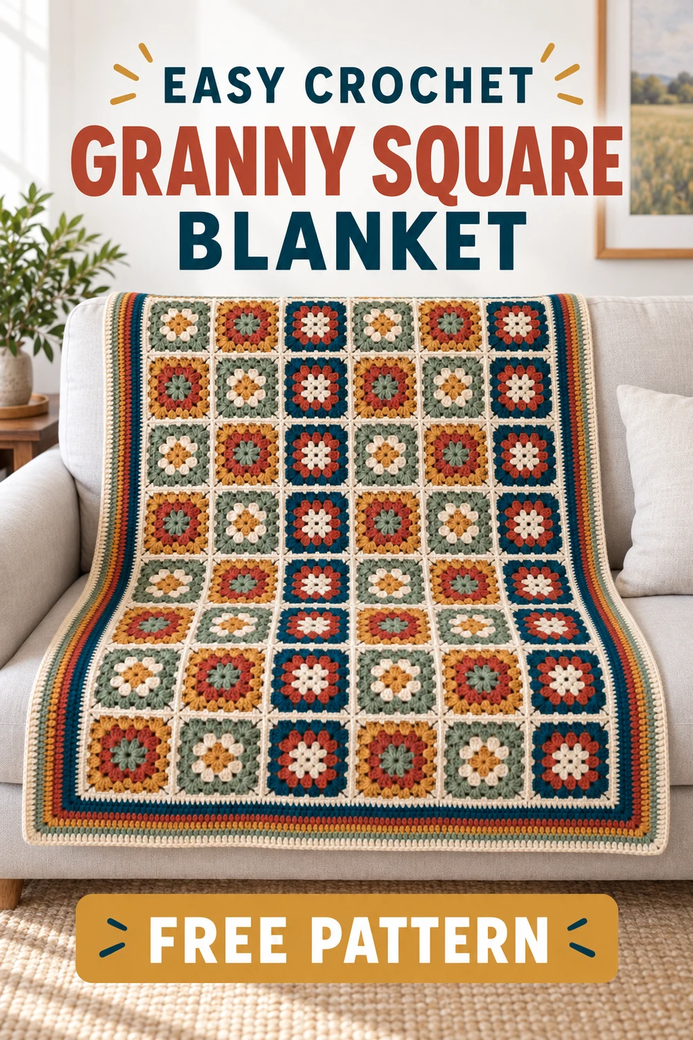Easy Crochet Granny Square Blanket free pattern Pinterest graphic