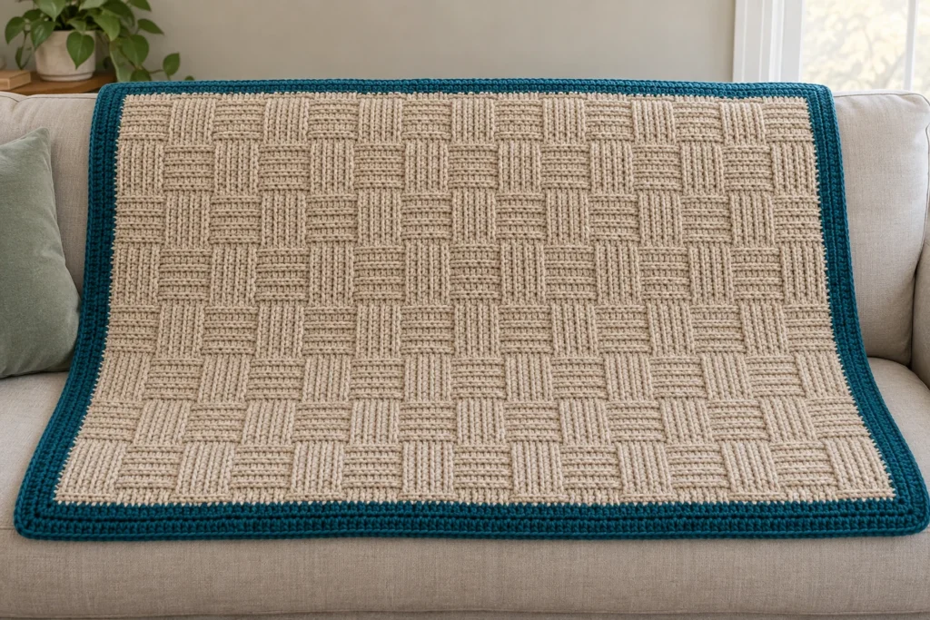 Finished oatmeal crochet basketweave blanket with a deep teal four-round border