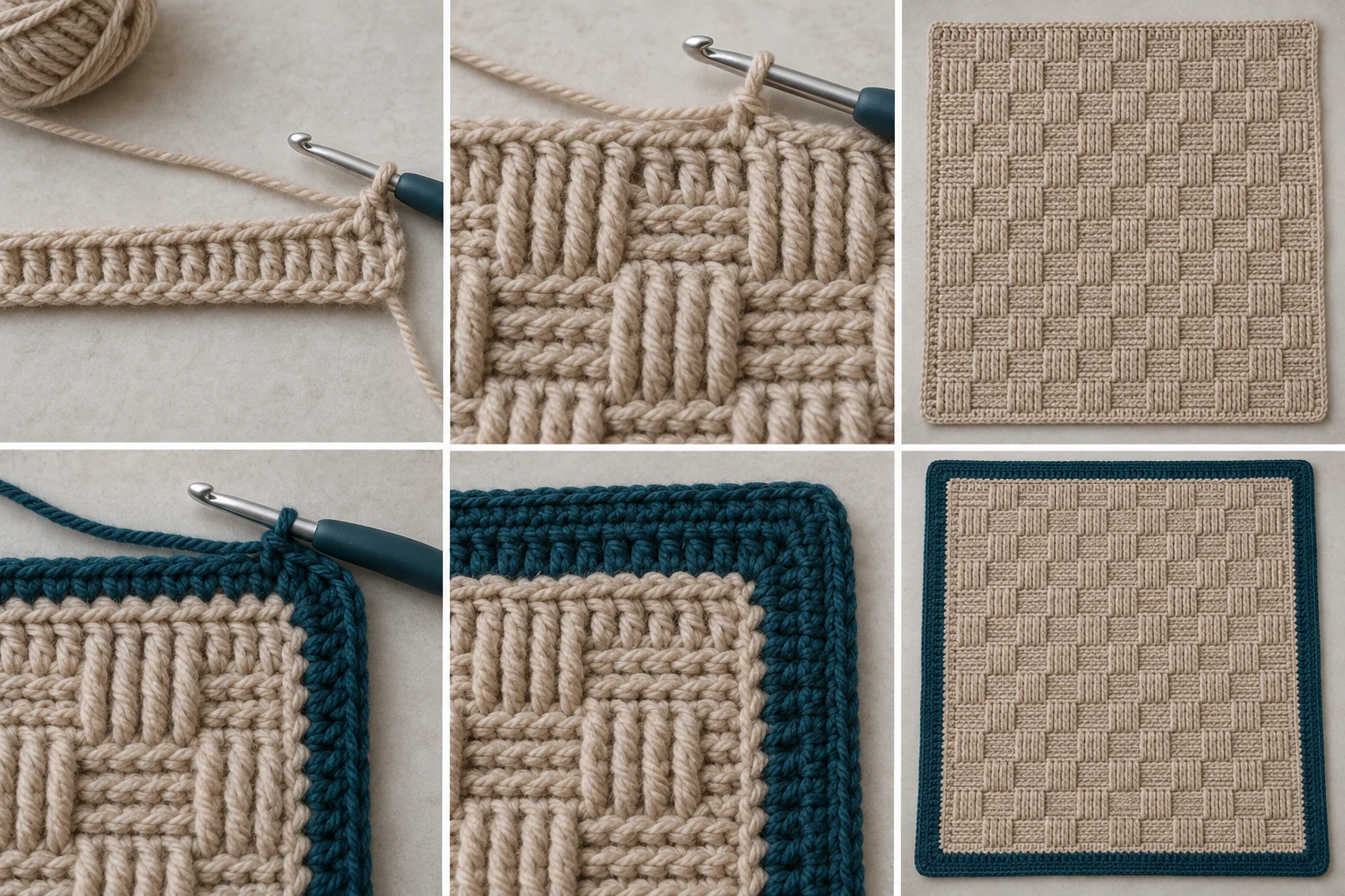 Construction steps for the oatmeal basketweave panel and deep teal crocheted border