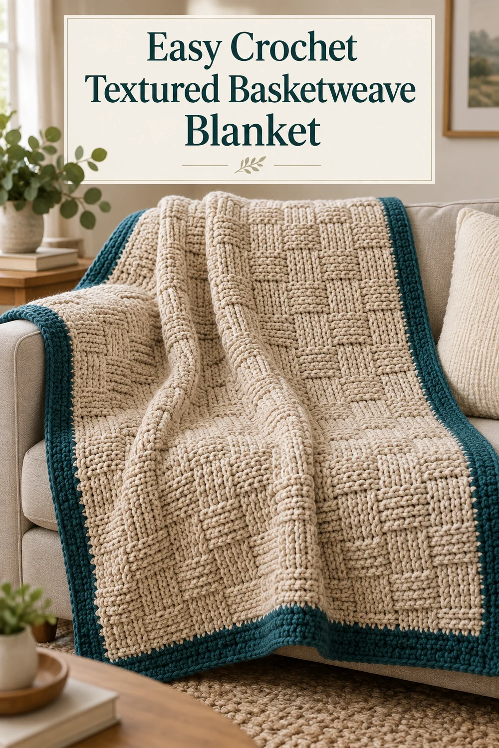 Easy Crochet Textured Basketweave Blanket pattern graphic with oatmeal texture and deep teal border