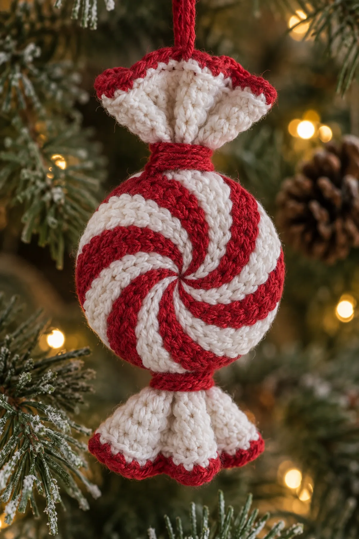 Festive Crochet Candy Spiral Christmas Hanging: detail view.