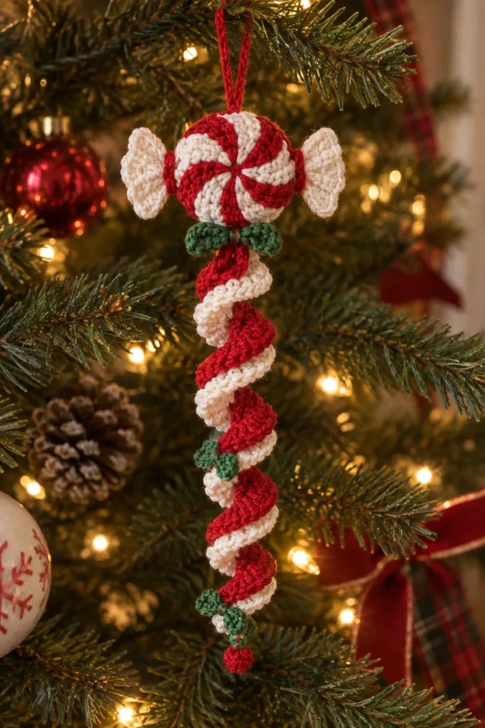 Finished Festive Crochet Candy Spiral Christmas Hanging crochet project displayed clearly.