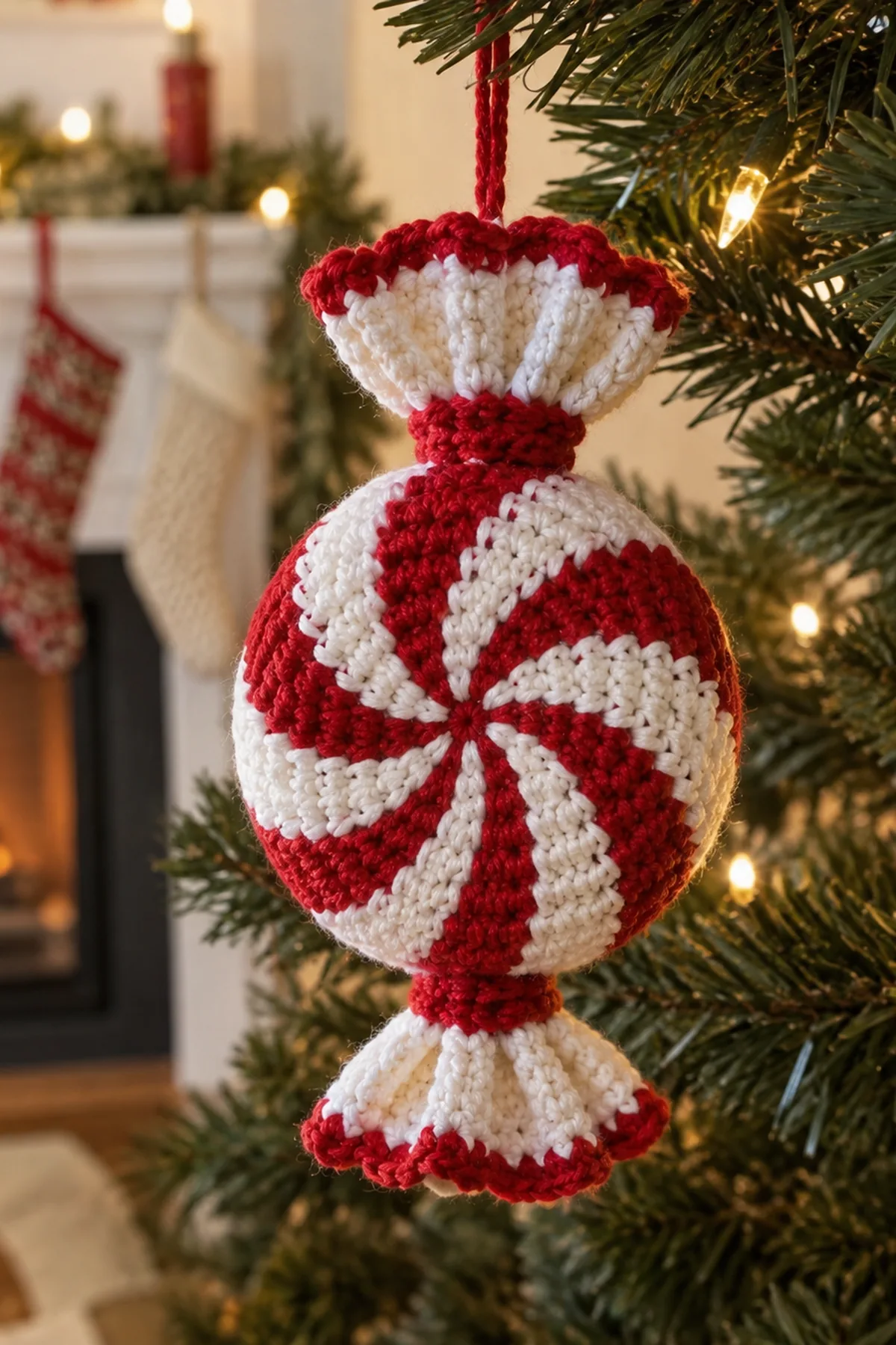 Festive Crochet Candy Spiral Christmas Hanging: final lifestyle view.