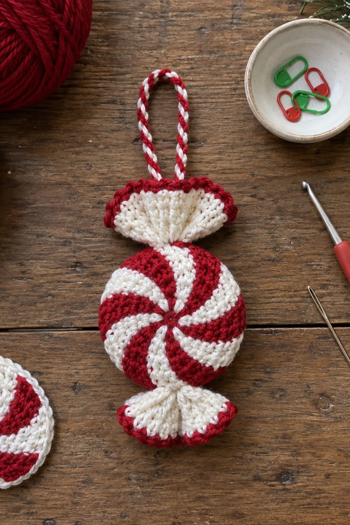 Festive Crochet Candy Spiral Christmas Hanging: materials view.