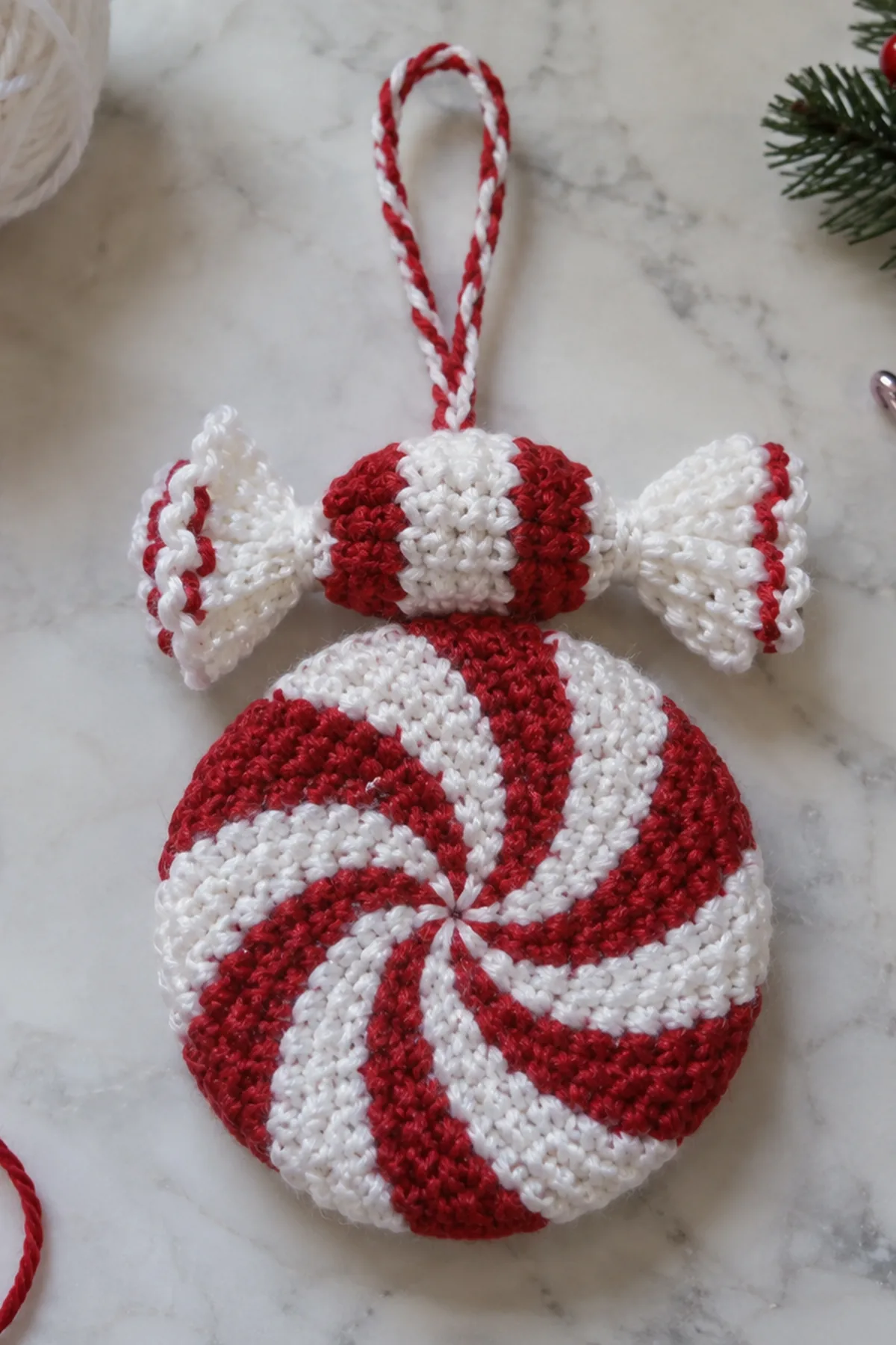 Festive Crochet Candy Spiral Christmas Hanging: progress 01 view.