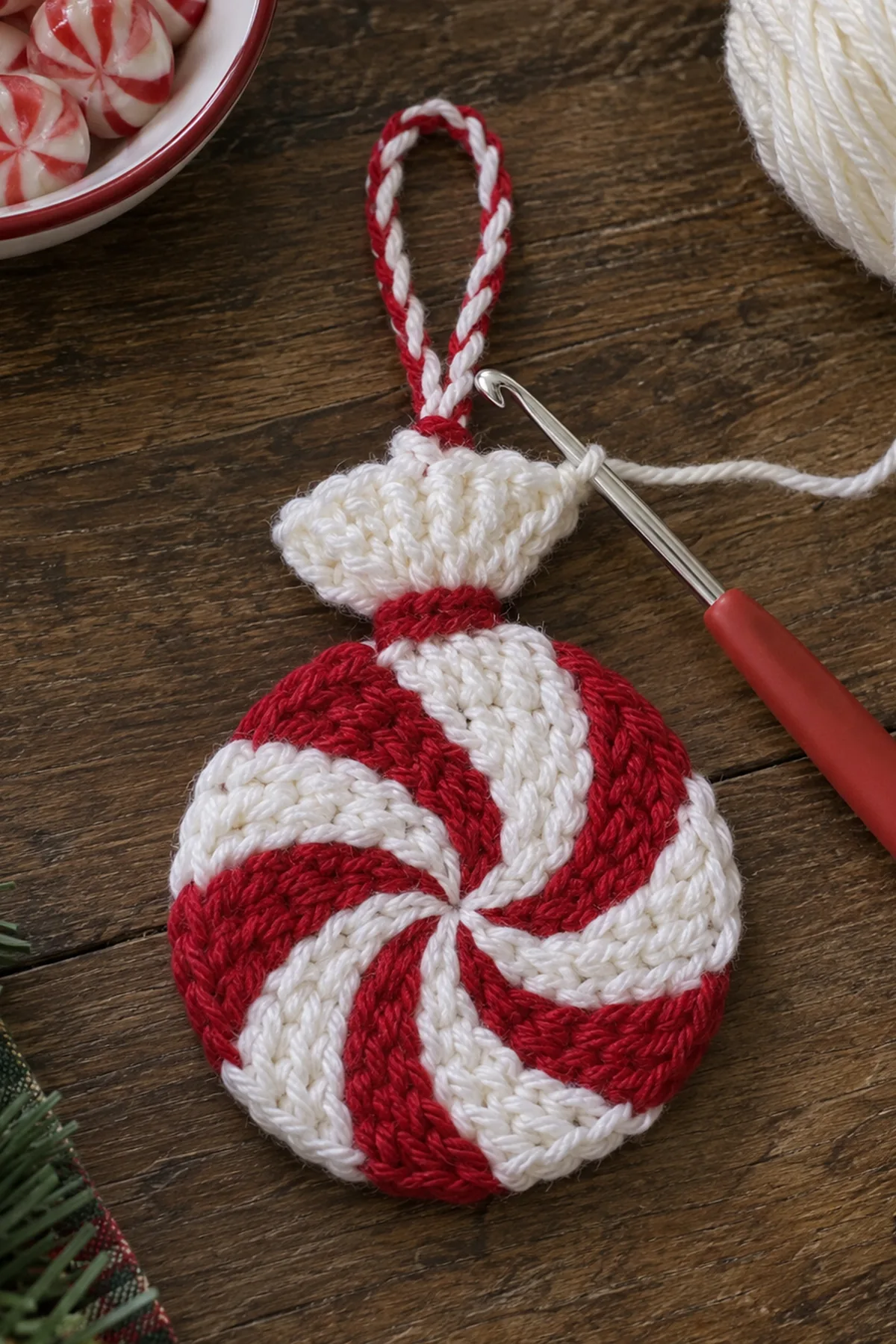 Festive Crochet Candy Spiral Christmas Hanging: progress 02 view.