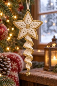 Finished Festive Spiral Star Christmas Ornament crochet project displayed clearly.