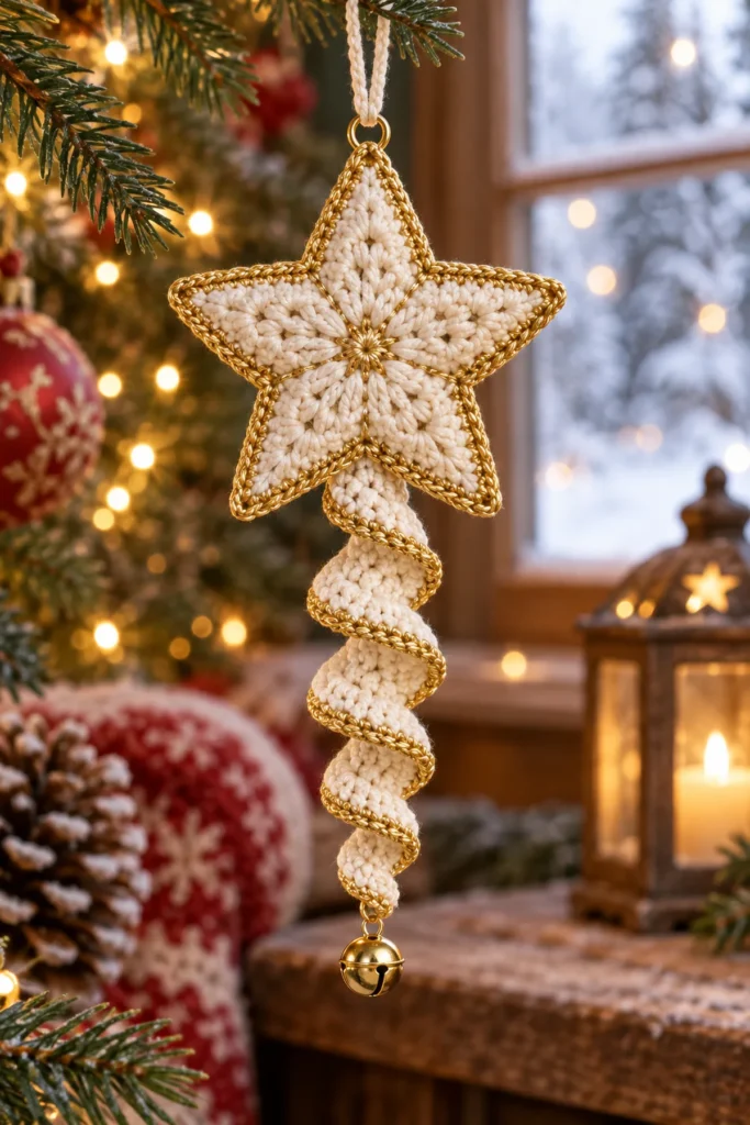Finished Festive Spiral Star Christmas Ornament crochet project displayed clearly.