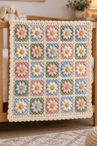 A soft baby blanket joined from twenty-five floral granny squares in buttercream, blush, sage, and pale sky blue. Each square has a raised daisy center, soft petals, a granny-square outer round, invisible mattress joins, and a buttercream border.