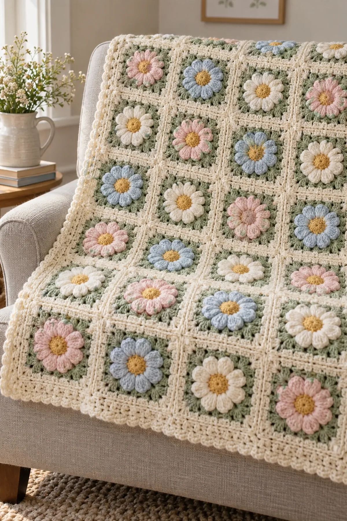 Finished Floral Granny Square Baby Blanket Pattern in a home setting