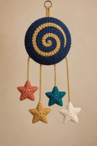 Finished Four Stars Spiral Crochet hanging with a midnight-blue medallion, raised gold spiral, four staggered colorful stars, and metal ring