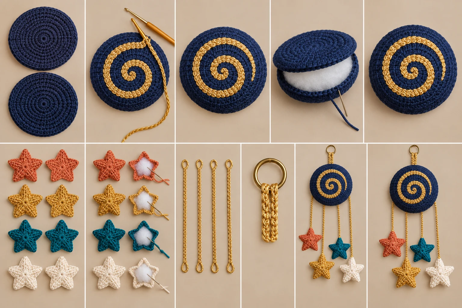 Multi-panel Four Stars Spiral Crochet construction collage showing disks, spiral appliqué, star panels, joining, stuffing, cords, and assembly