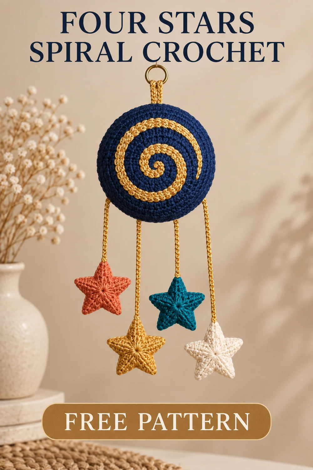 Vertical Four Stars Spiral Crochet free pattern graphic with finished blue medallion and four colorful stars