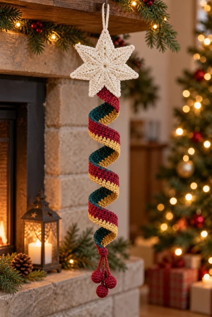 Complete white ghost spiral Halloween hanging with orange purple and charcoal helix in a warm fall entryway.