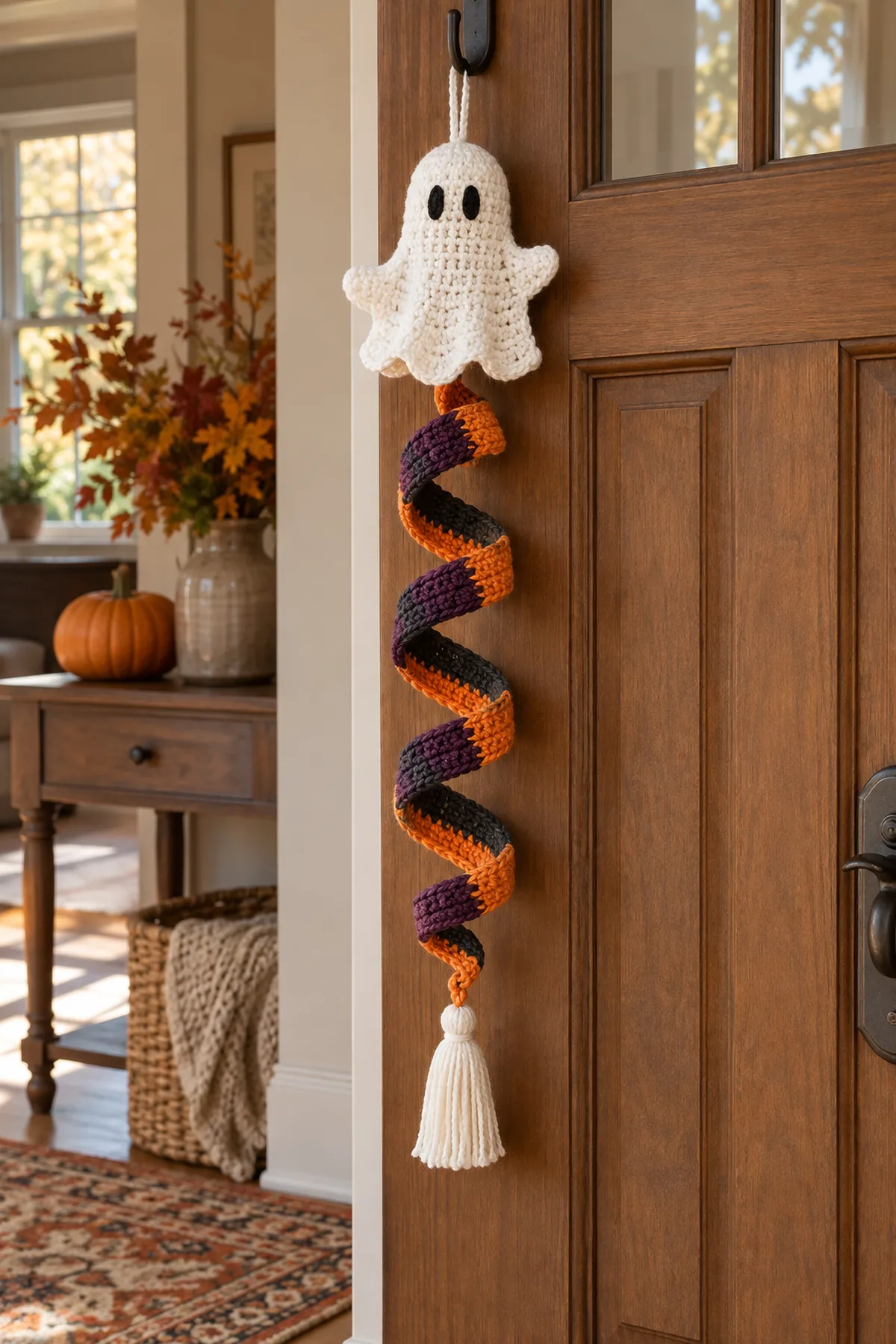 Finished ghost spiral Halloween hanging displayed from a doorway hook.