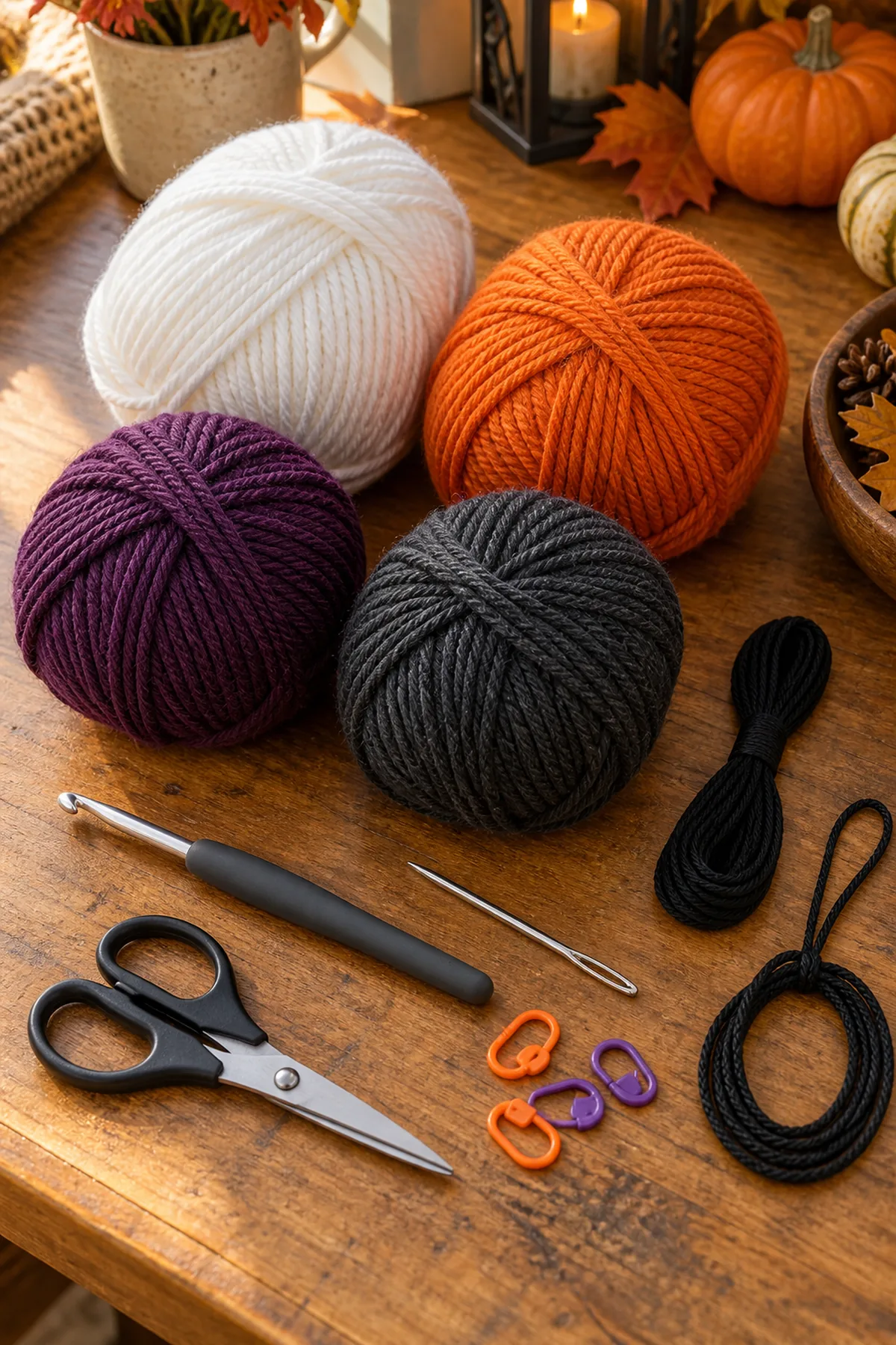 White orange purple charcoal and cream yarn with hook and cord for a ghost spiral hanging.