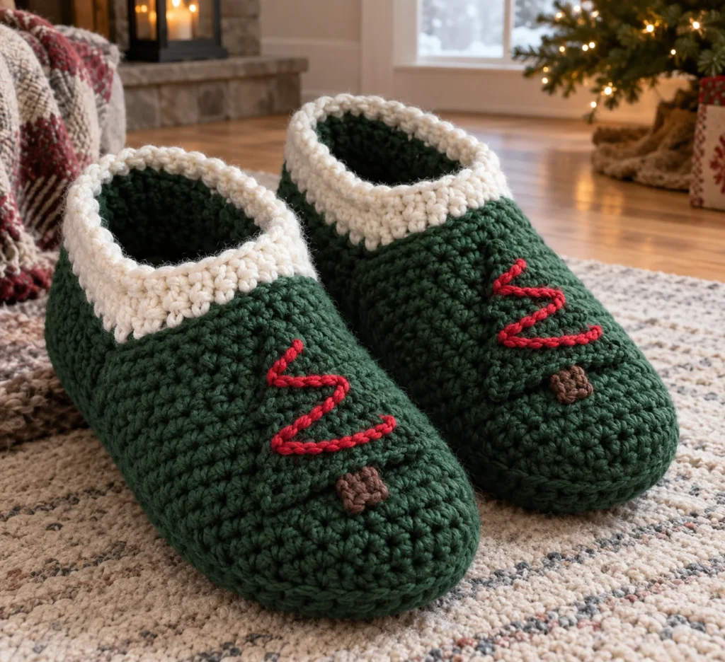 Finished green crocheted Christmas slippers with white cuffs and tree appliqués decorated with red chain garlands