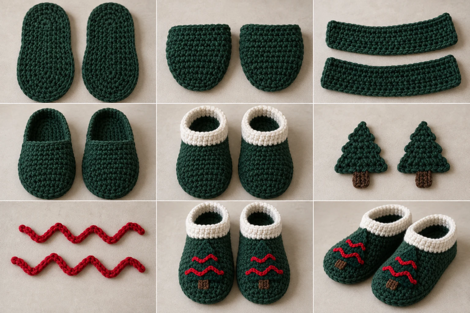 Construction collage showing the sole, toe vamp, heel band, cuff, and Christmas-tree decoration for green crochet slippers