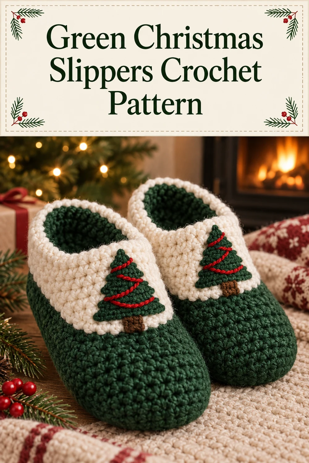 Vertical Green Christmas Slippers Crochet Pattern graphic showing finished green slippers with white cuffs and decorated trees
