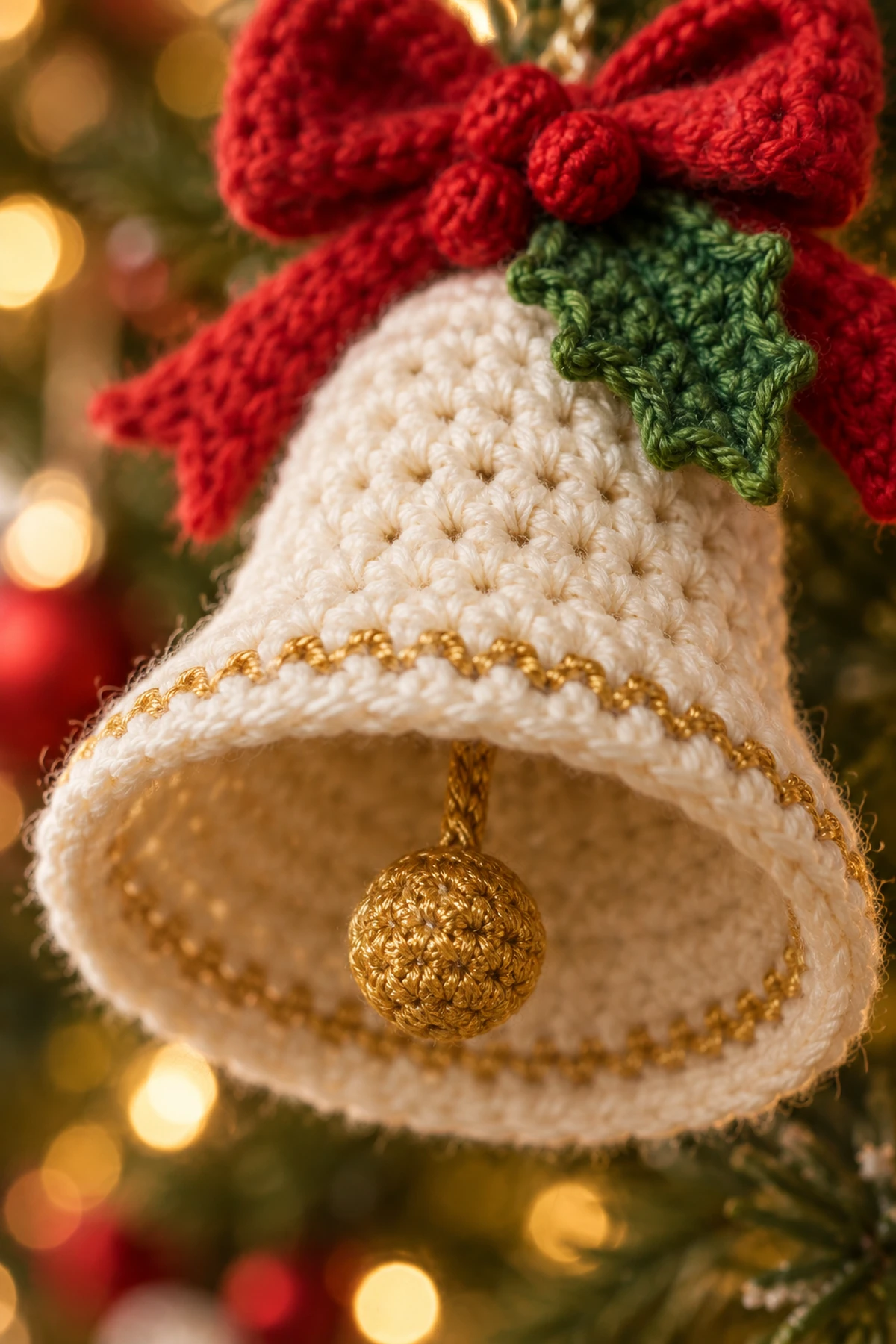 Handmade Crochet Christmas Bell: detail view.