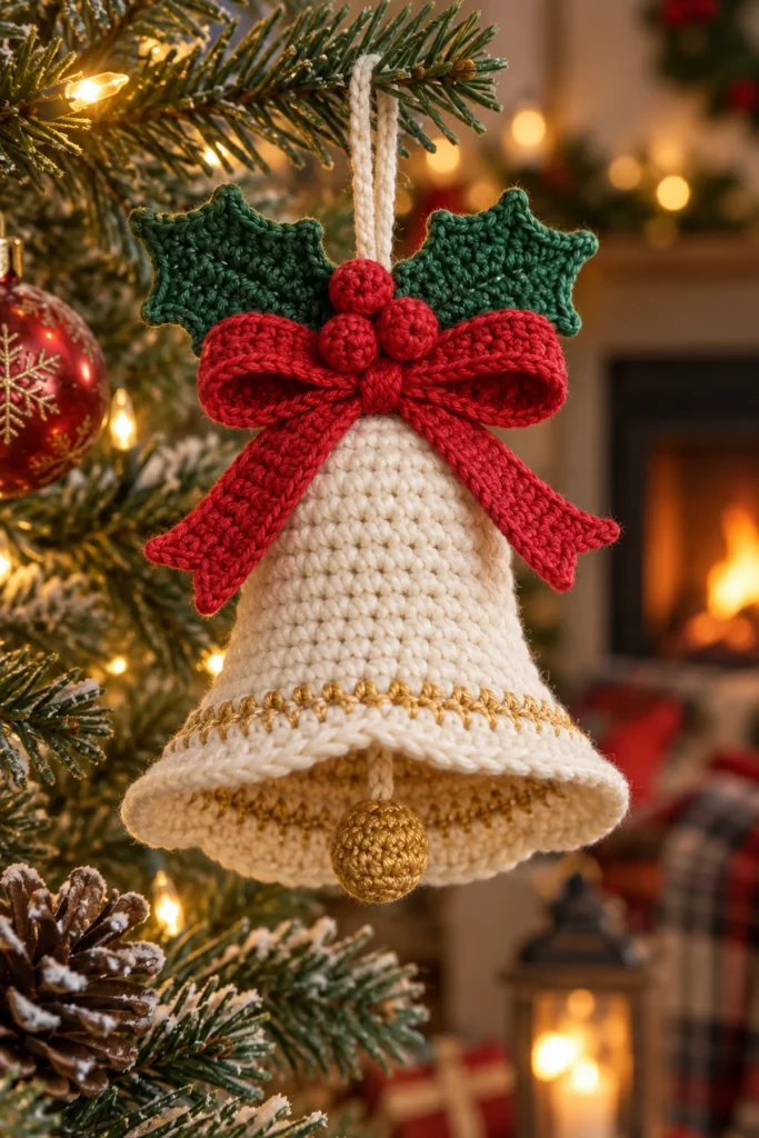 Finished Handmade Crochet Christmas Bell crochet project displayed clearly.