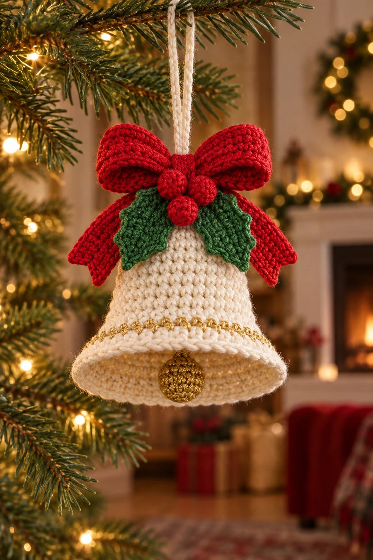 Handmade Crochet Christmas Bell: final lifestyle view.