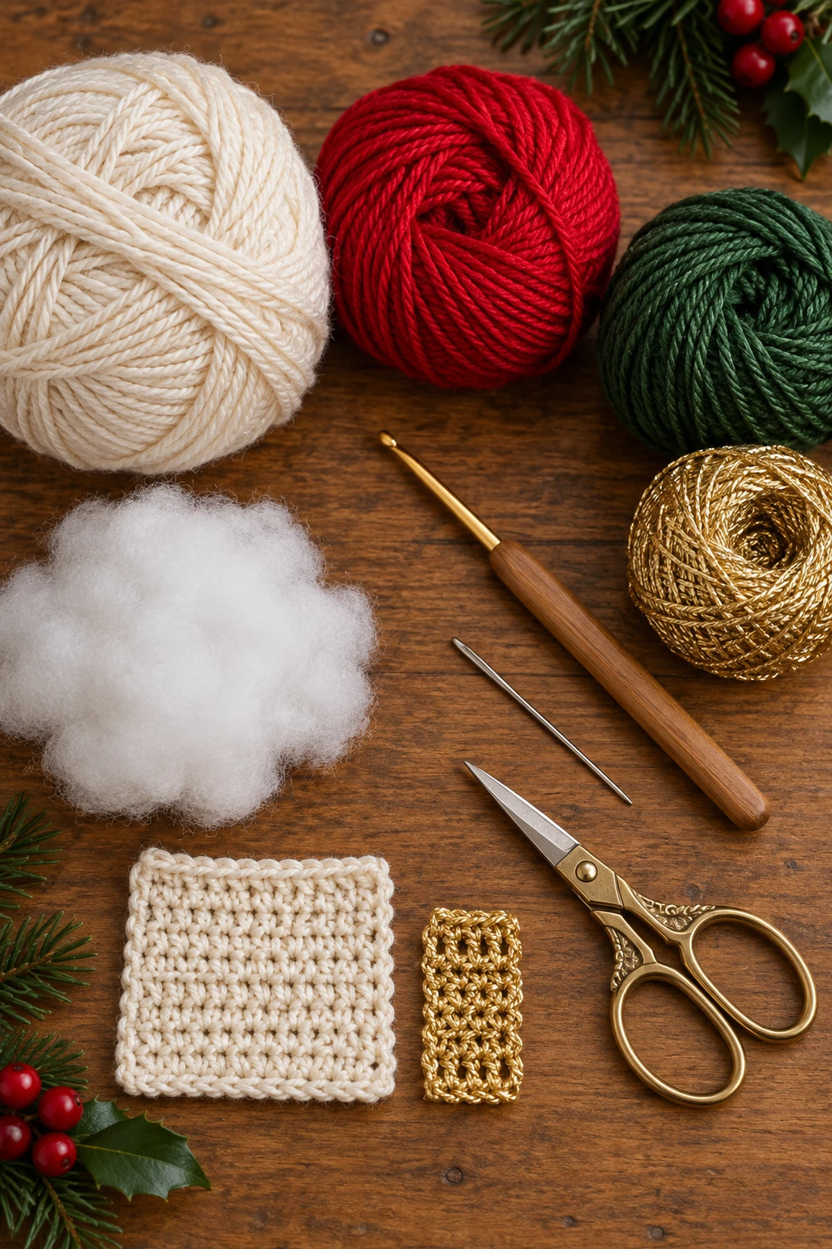 Handmade Crochet Christmas Bell: materials view.