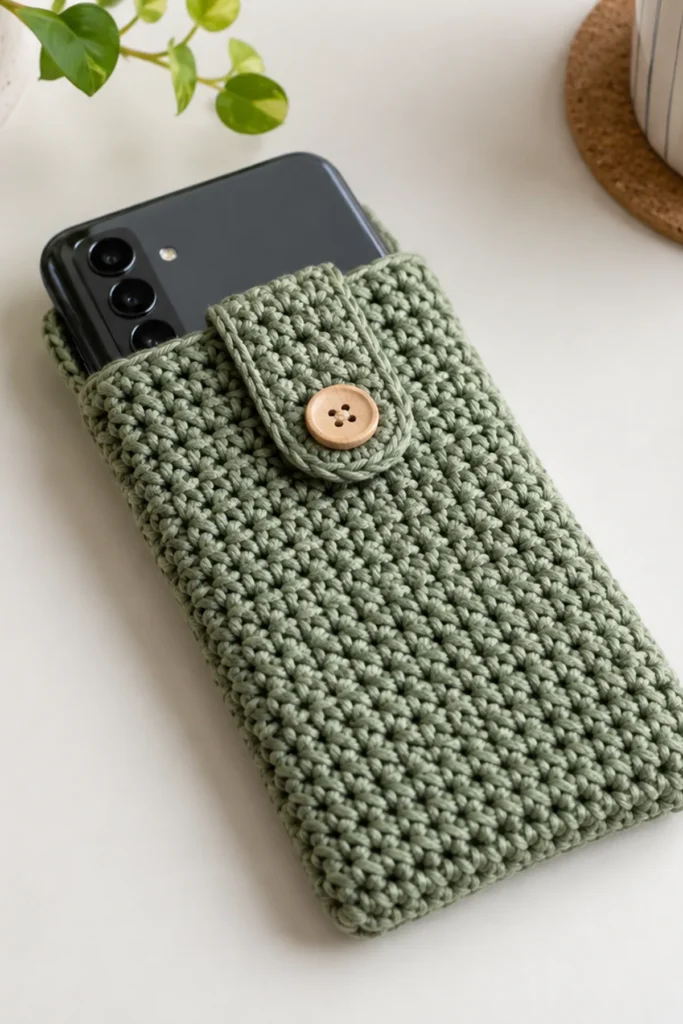 Finished Handmade Crochet iPhone 18 Case crochet project displayed clearly.