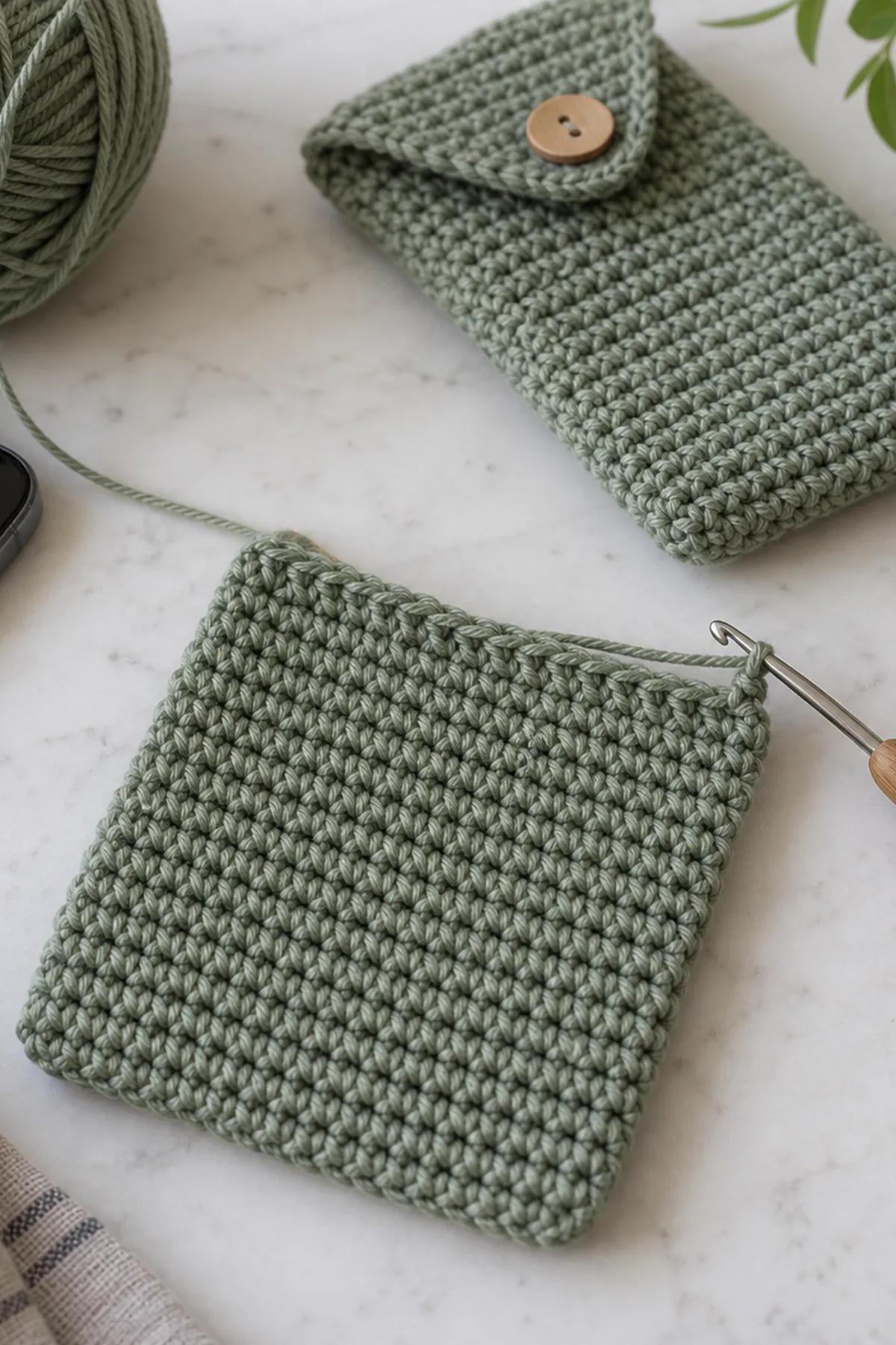 Handmade Crochet iPhone 18 Case: progress 01 view.