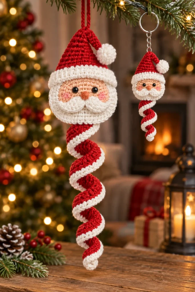 A jolly flat crochet Santa face sits at the top of a red-and-ivory corkscrew beard spiral: red cap triangle, ivory brim, peach disc face, small embroidered eyes, curved moustache, and a long red spiral edged ivory. A smaller matching charm appears nearby with a keyring, while the full ornament remains the hero.