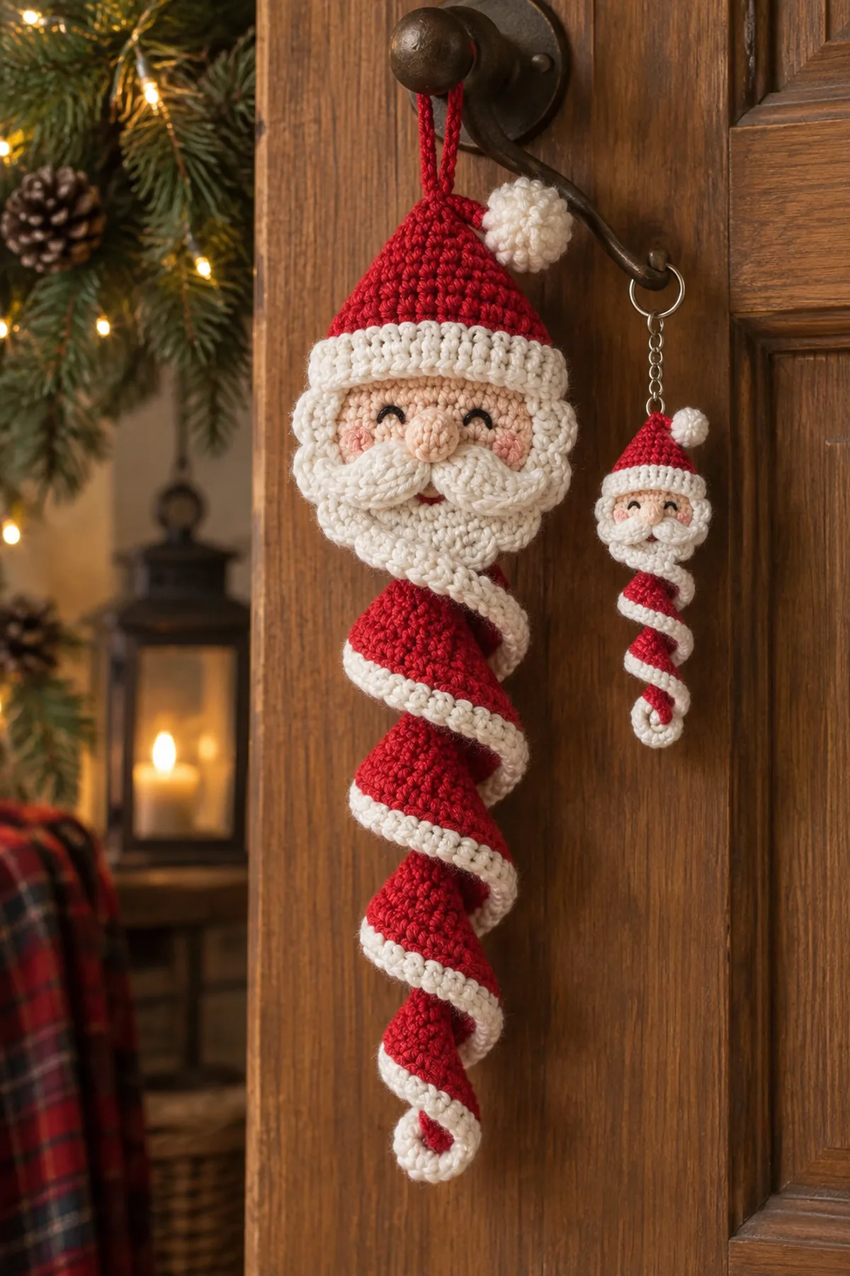 Finished Jolly Santa Spiral Ornament & Keychain Crochet Pattern in a home setting