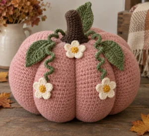 Large dusty-pink crocheted pumpkin with a brown stem, two green spiral vines, three leaves, and three cream flowers with yellow centers