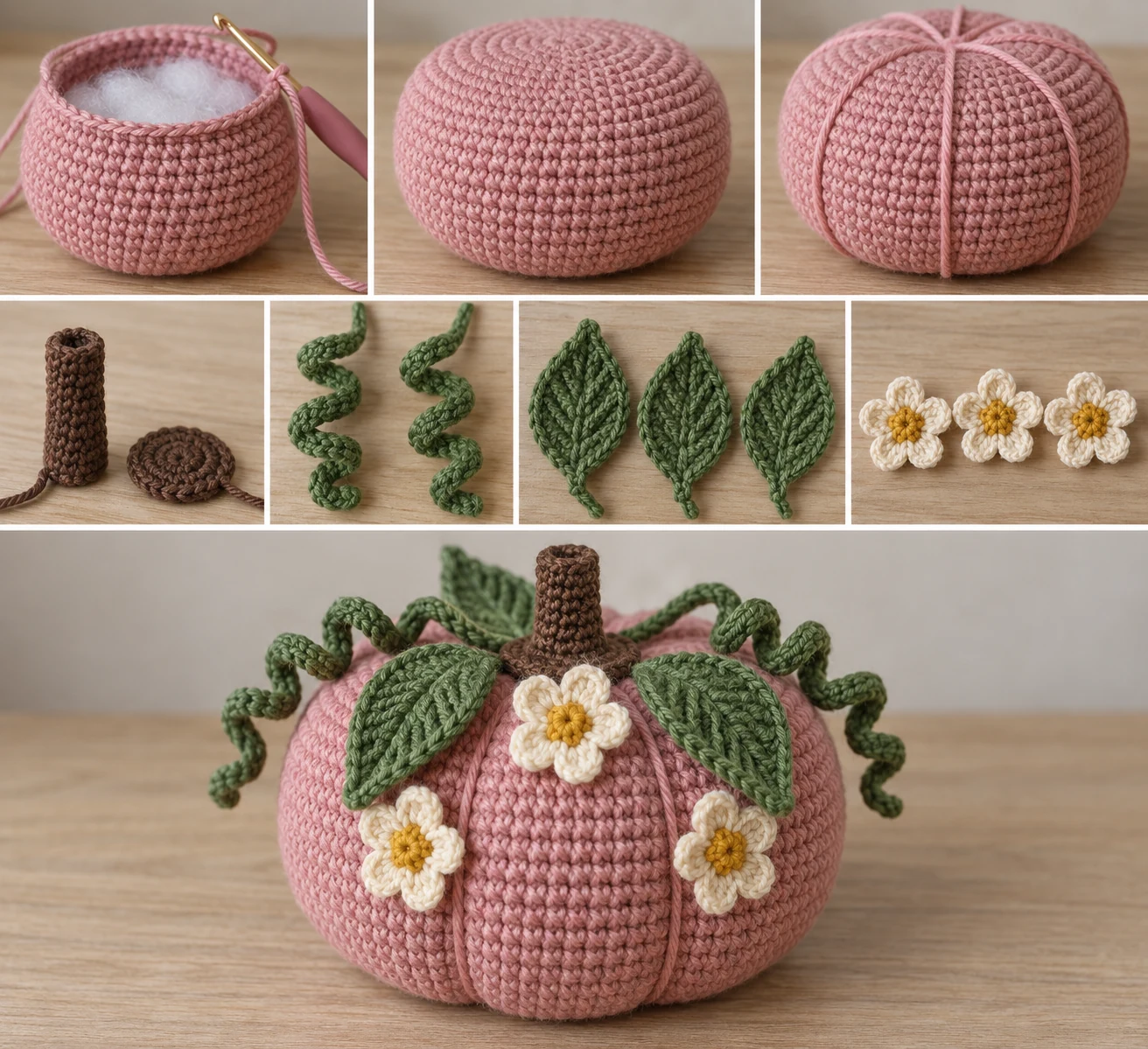Construction collage showing the pink crochet pumpkin body, sculpting strands, stem, vines, leaves, flowers, and assembly placement