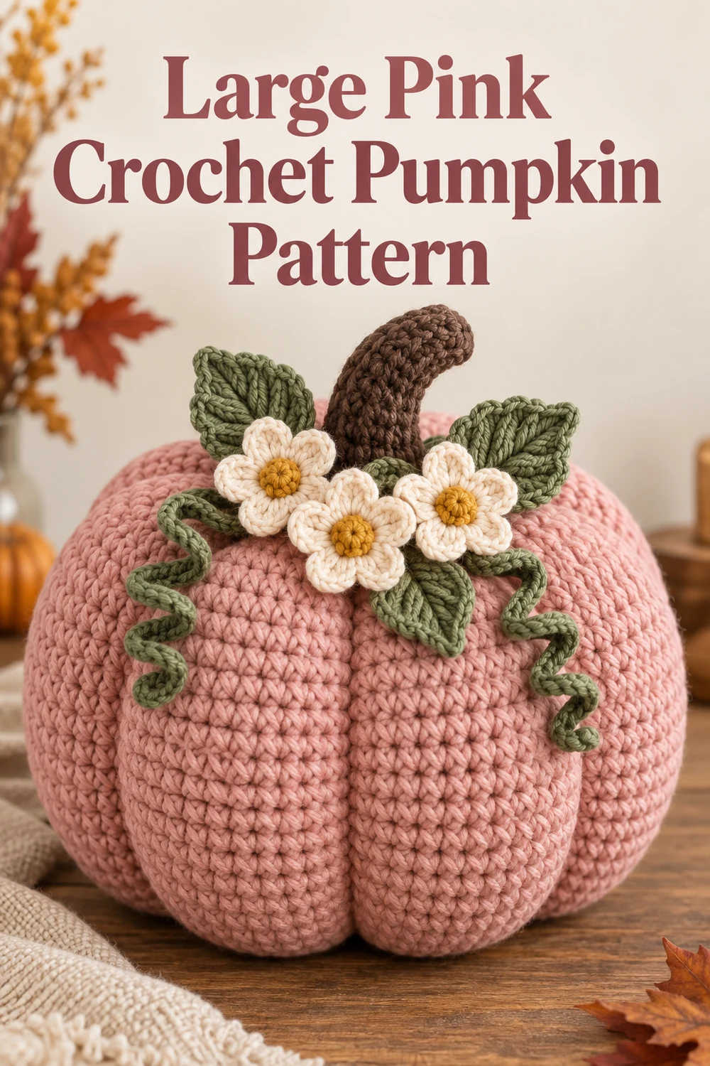 Vertical Pinterest graphic for the Large Pink Crochet Pumpkin Pattern with Flowers and Vines