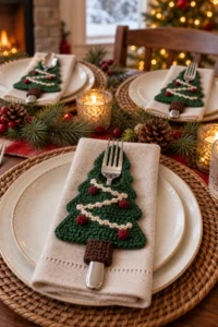 Flat forest-green crochet Christmas tree pockets with open vertical slots behind the trunks so one fork or spoon slides securely through each tree. Small ivory stitched garlands and cranberry bobble berries decorate the front; several holders sit at individual place settings.