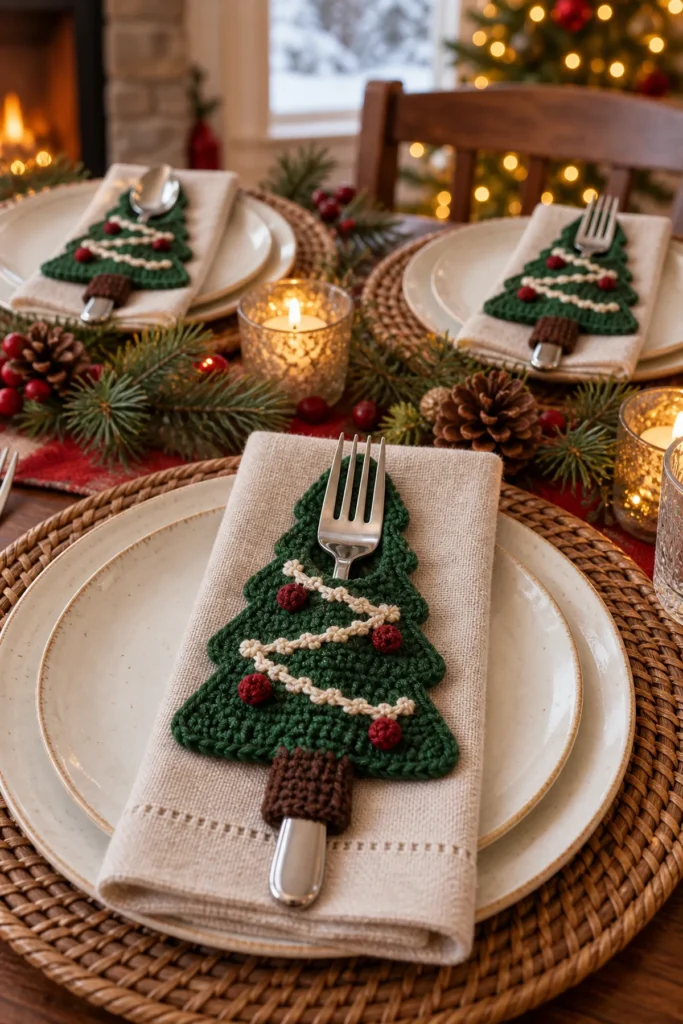 Flat forest-green crochet Christmas tree pockets with open vertical slots behind the trunks so one fork or spoon slides securely through each tree. Small ivory stitched garlands and cranberry bobble berries decorate the front; several holders sit at individual place settings.