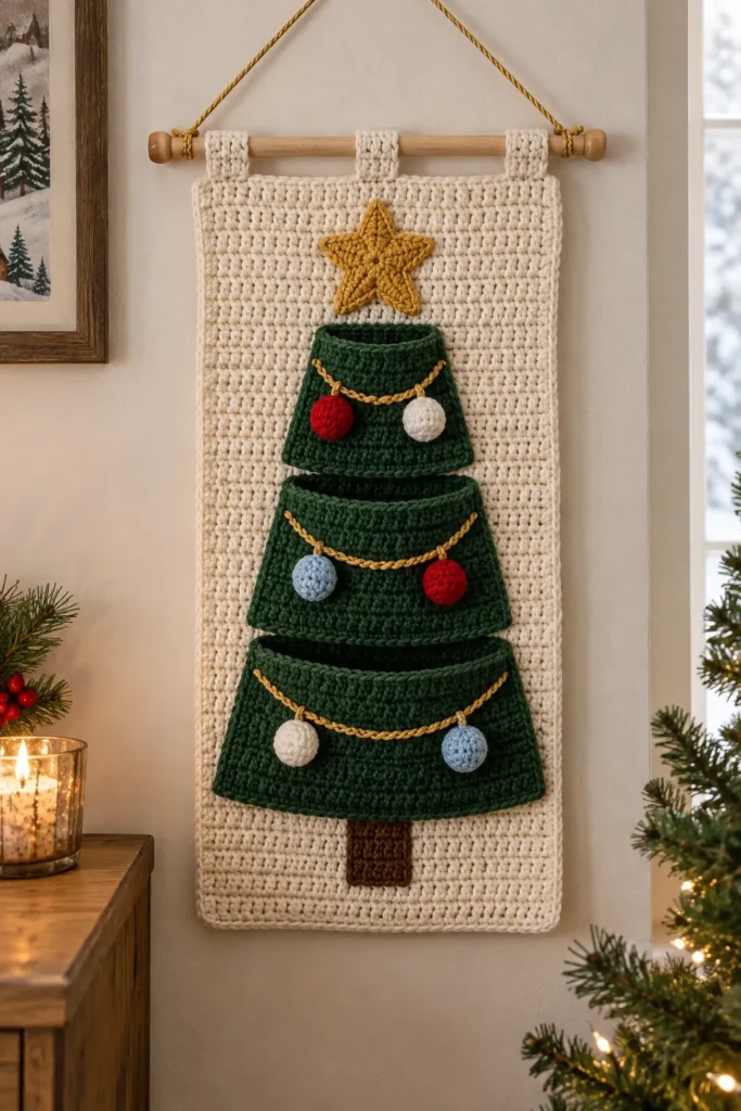 Finished cream crochet wall hanging with three green Christmas tree pockets, gold star and garland, colorful ornaments, and wooden dowel