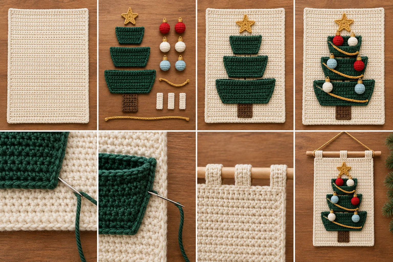 Multi-panel crochet construction collage showing the wall panel, graduated tree pockets, appliqués, assembly, dowel tabs, and hanging cord