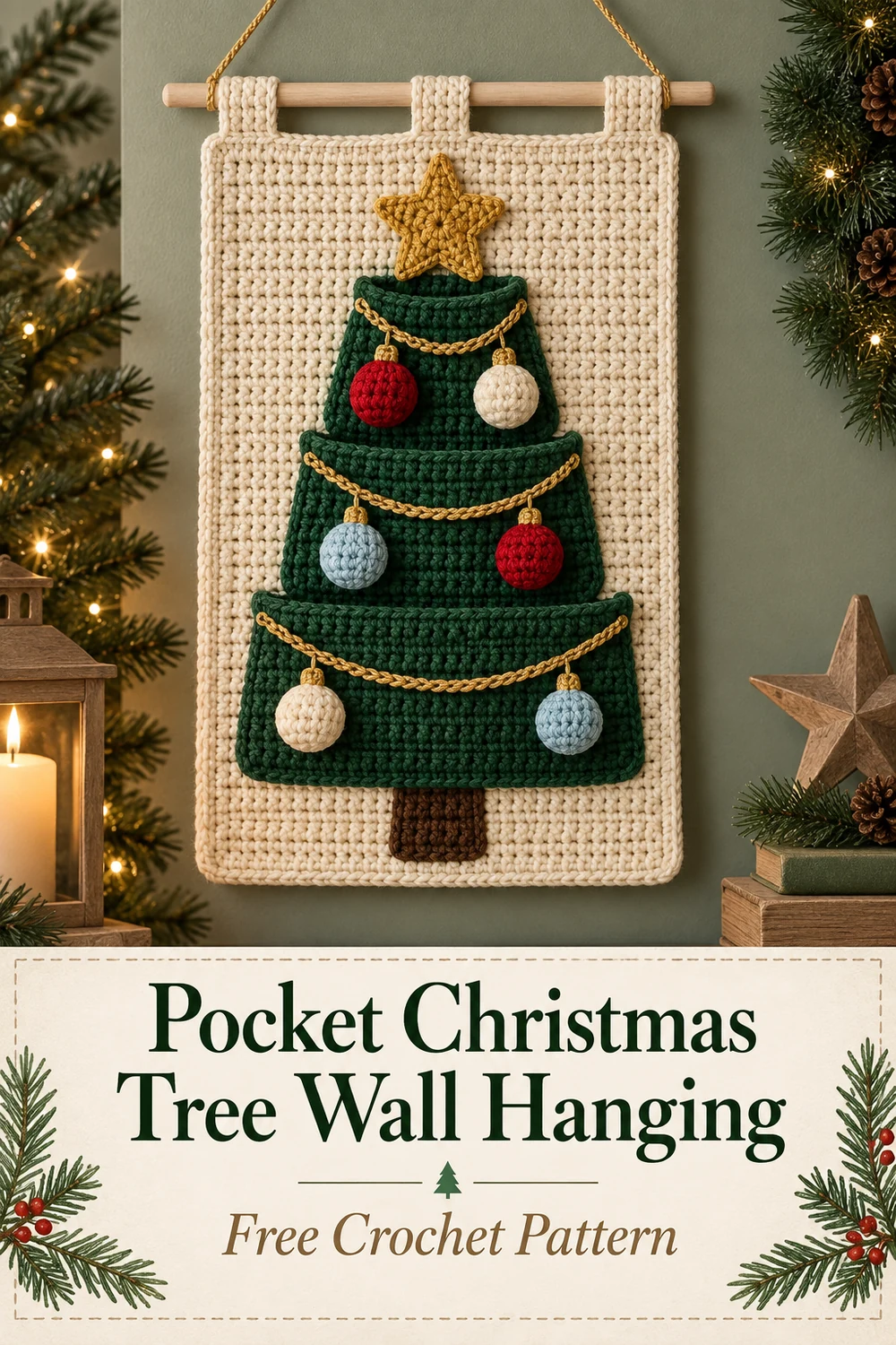Vertical Pocket Christmas Tree Wall Hanging crochet pattern graphic featuring the finished three-pocket tree design