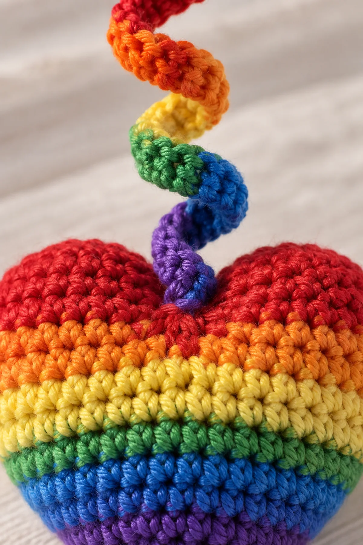 Close view of the secure join between the rainbow heart and flowing spiral.