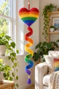 Complete Pride rainbow heart spiral hanging displayed in a bright welcoming room.