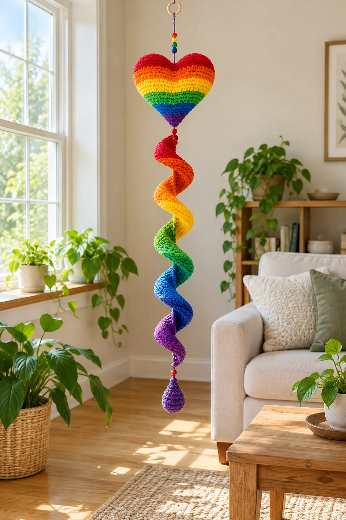 Finished rainbow heart spiral hanging beside a bright window and green plants.