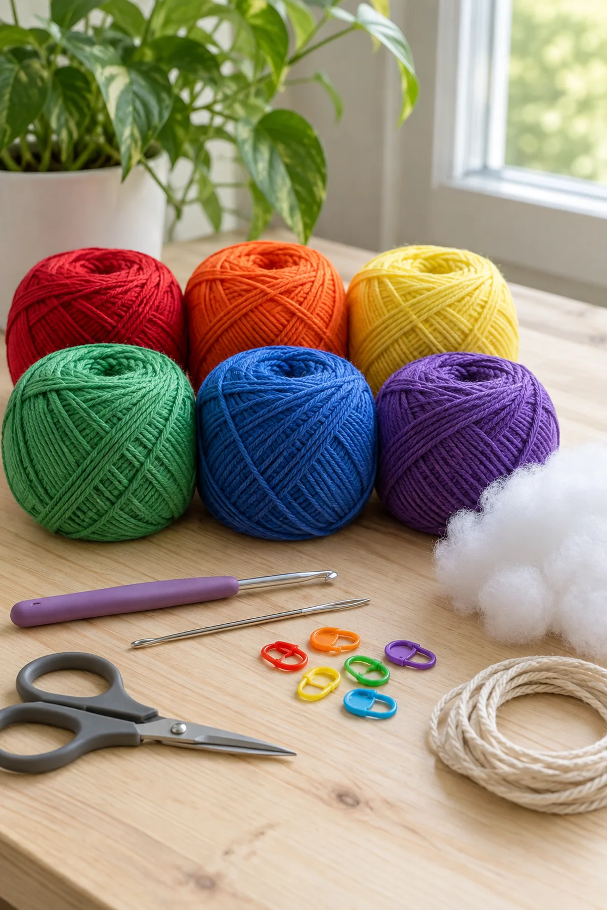Six rainbow yarn colors with hook stuffing and cord for a heart spiral hanging.