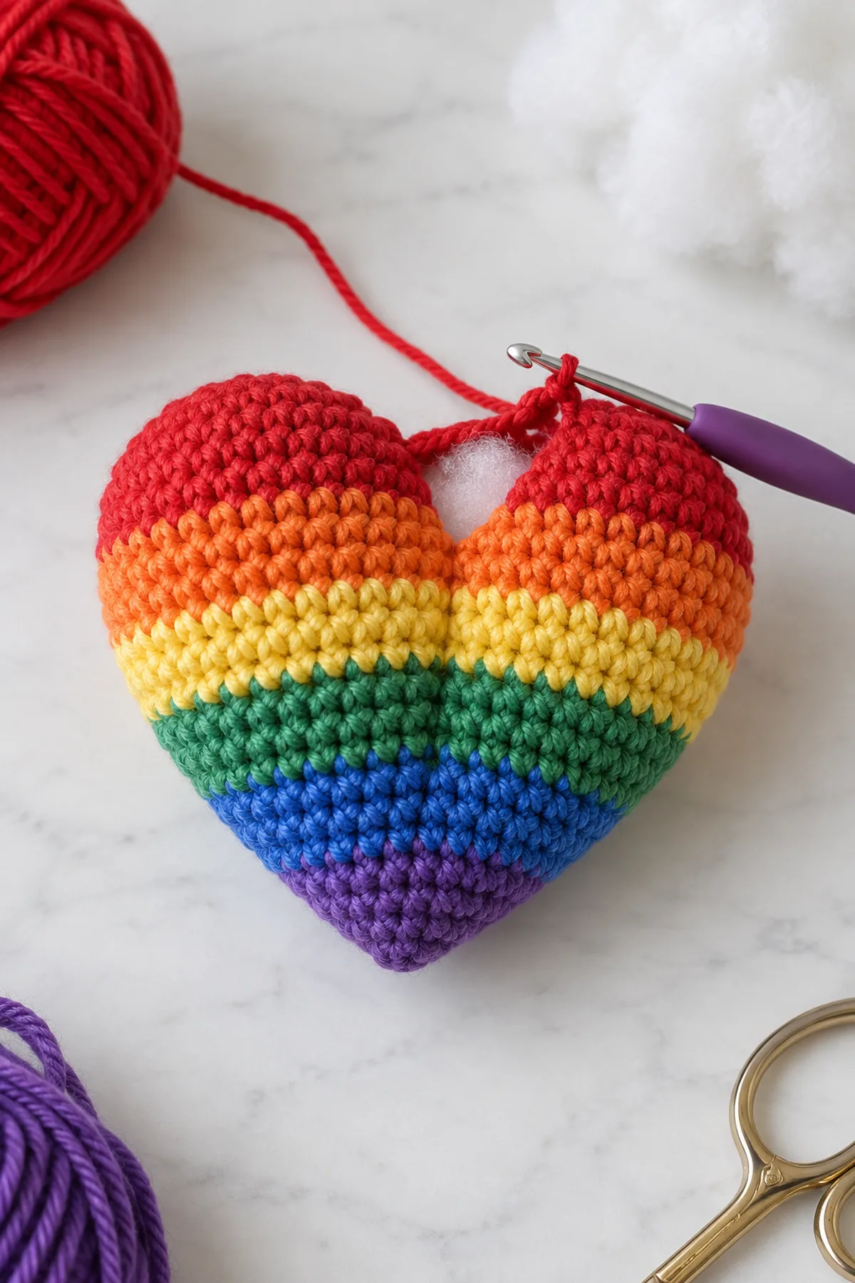 Two rounded rainbow crochet heart lobes being joined and lightly stuffed.