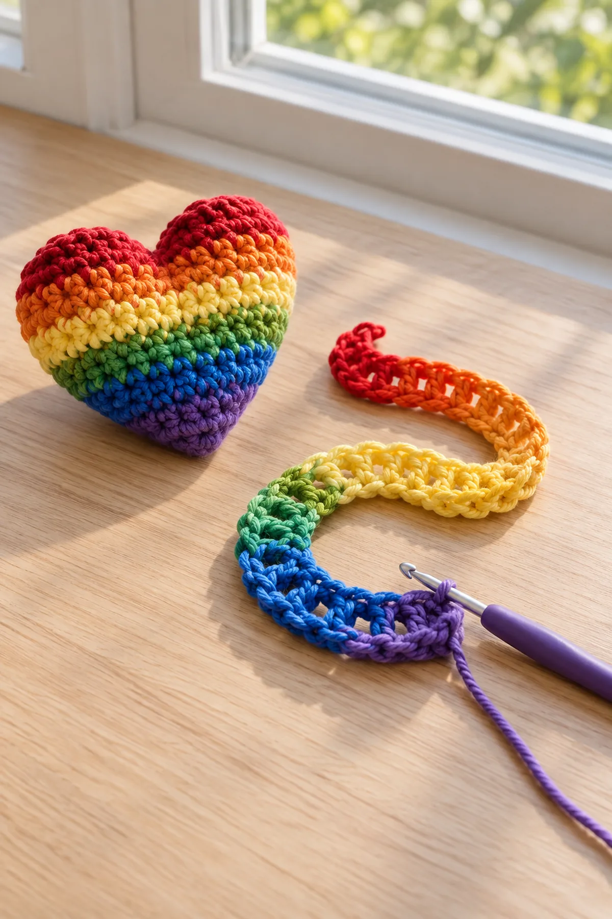 Finished rainbow crochet heart beside an unfinished six-color spiral.
