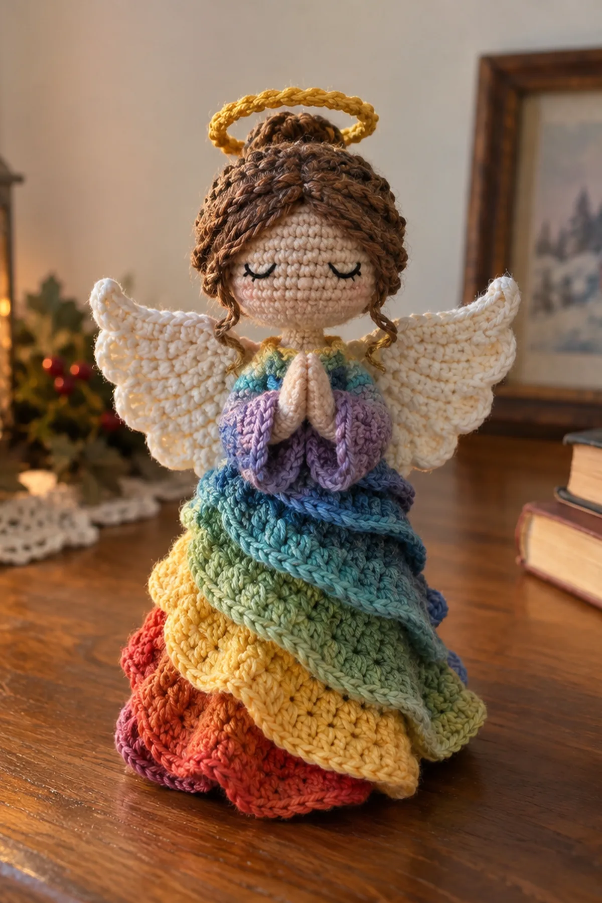 Rainbow Angel Spiral Crochet: final lifestyle view.