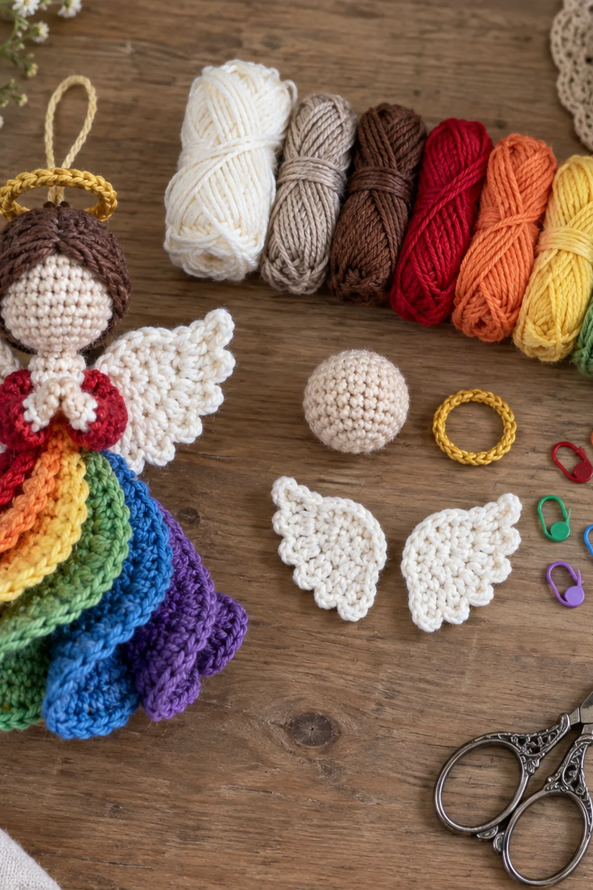 Rainbow Angel Spiral Crochet: materials view.